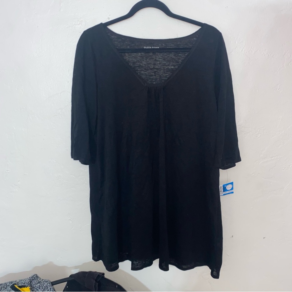 Eileen Fisher 100% Linen Blouse 3/4 Sleeve Long V Neck Tunic Style Solid Black